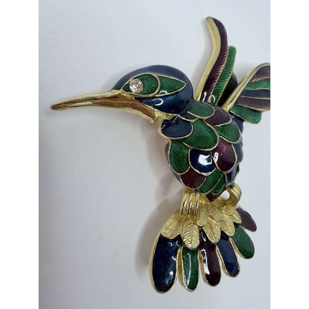 Vintage Hummingbird Statement Brooch Pin Gold Green Blue Rhinestone Cottage Core